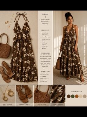 Target Brown Floral Halter Maxi Dress with Cream & Green Accents